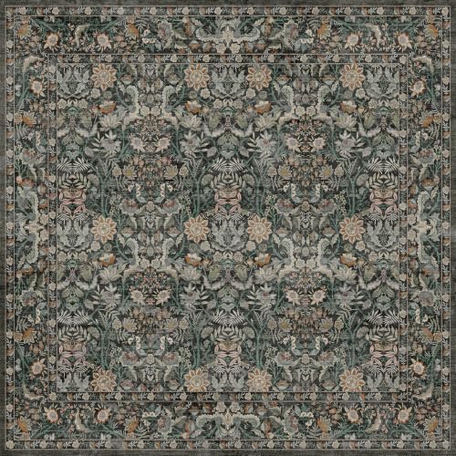Vintage Botanical 4x4 Square Rug: Floral Carpet Non-Slip - Dark Green | Classic Dark Tone Pattern Fits Compact Living Spaces - Washable, Stain Resistant, Low Pile for Entryway Pet Friendly - color: Dark Green, size: 4' x 4' (Square)