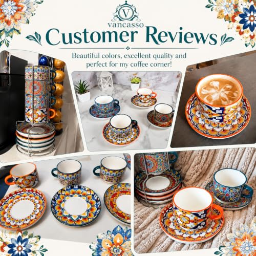 vancasso 8 Oz Espresso Cup Set of 4, Bohemian Ceramic with Stand | Microwave and Dishwasher Safe, Easy Clean, For Cappuccino, Tea, Latte, Espresso, Stackable Design with Handle - size: 8 Oz