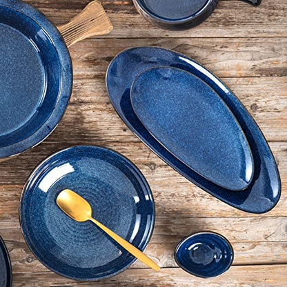 vicrays Large Oval Serving Platters, 16"/14"/10" Porcelain Serving Platters for Party, BBQ,Stackable Serving Trays Serving Plates for Appetizers, Sushi, Restaurant, Dessert, Set of 3 (Blue) - color: Blue