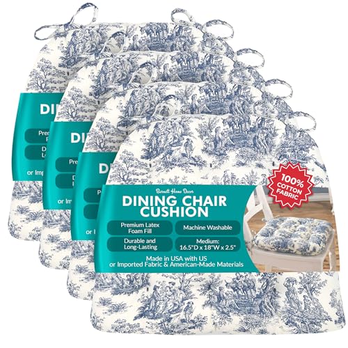 Barnett Home Decor Chair Cushions for Dining Chairs - 16.5x18 Kitchen Chair Cushions - Machine Washable, 100% Cotton, Made in USA - Latex Foam Chair Pads -Jamille Toile Medium Pack of 4 - color: Jamille Toile, size: Medium (16.5"D x 18W x 2.5")