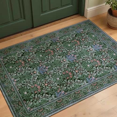 2x3 Washable Rugs for Entryway rug, Vintage Floral Non-Slip Bathroom Rugs, Ultra Thin Kitchen Rugs Indoor Door Mat, Boho Forest Floral Design Small Throw Carpet for Bedroom Bedside, Dark Green - color: Dark Green/ Multi, size: 2 x 3 ft (Rectangular)
