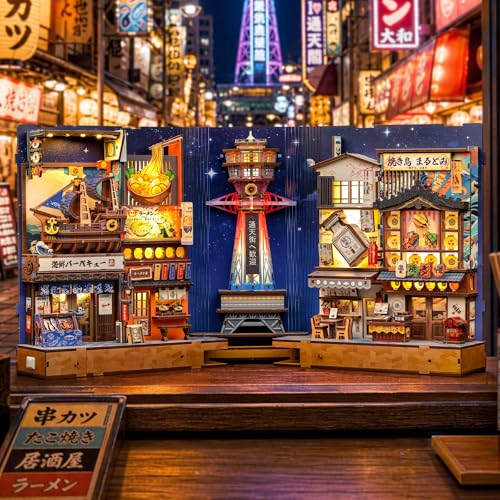 Japanese Book Nook Kit - DIY Miniature House Kit for Adults | Japan 3D Wooden Puzzles Bookshelf Nook Decor Gifts for Women Men (Tsutenkaku Ichiban Street) - style: Tsutenkaku Ichiban Street
