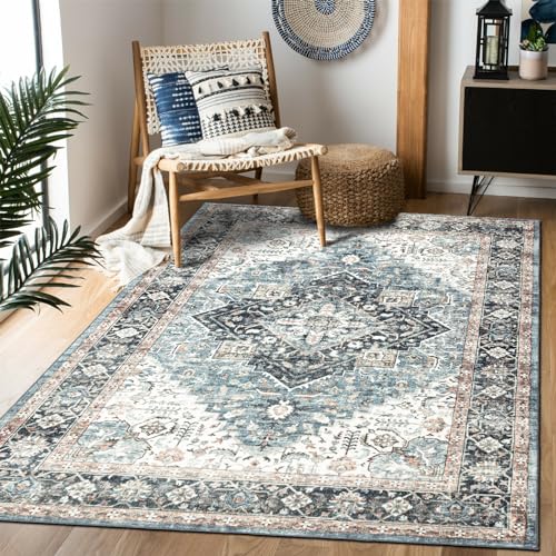Area Rug 5×7, Vintage Boho Rug,Ultra-Soft Low Pile, Washable, Non Slip,Stain Resistant Printed Carpet for Living Room Bedrooms Playroom Office Kitchen, Blue/Navy - color: Blue/Navy, size: 5' x 7' (Rectangular)