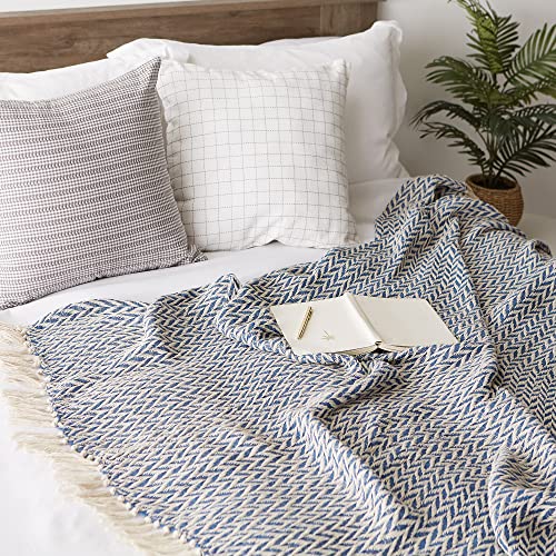 DII Modern Zig Zag Throw Blanket Woven Cotton, Hand-Knotted 2.5" Fringe, 50x60, French Blue - color: French Blue, size: 50x60"