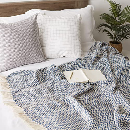 DII Modern Zig Zag Throw Blanket Woven Cotton, Hand-Knotted 2.5" Fringe, 50x60, French Blue - color: French Blue, size: 50x60"