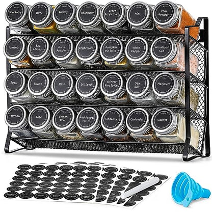 AOZITA Spice Rack Organizer with 28 Empty Spice Jars with Silver Lids, Funnel, Labels - Seasoning Organizer for Countertop, Cabinet, Kitchen, Pantry - color: Silver