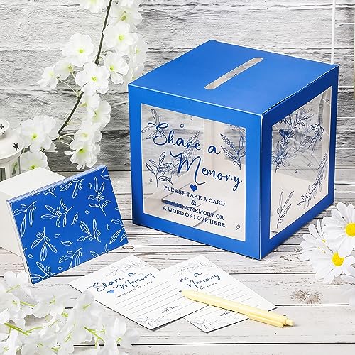 Pajean Funeral Memory Box with 50 Cards Clear Windows,Clear,Dark Blue | Keepsake Cards for Celebration Wedding Graduation, Greenery Design, Guest Book Alternative, Memory Collection Display - color: Dark Blue