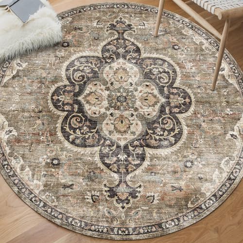 Machine Washable Area Rug - Living Room Bedroom Bathroom Kitchen Entryway Office - Non Slip Low Pile Stain Resistant Premium - Boho Farmhouse Vintage - Joy - Brown Beige 6' Round - color: Medallion - Brown Ivory, size: 6' (Round)