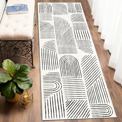 Washable Runner Rug 2x6 Area Rug Low Pile Mid Century Modern | Long Throw Carpet Runner for Hallway Kitchen Bedroom Bedside Laundry Room Non Slip Floor Boho Abstract White and Black - color: White and Black, size: 2' x 6' (Rectangular)