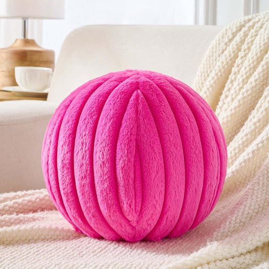 Uvvyui Ball Pillow Round Striped Decorative Throw Cushion Hot Pink 11.8" | Round Throw Pillows Faux Rabbit Fur Striped Fluffy Spherical Cushion Sphere Shaped Pillow for Aesthetic Room Decor - color: Hot Pink