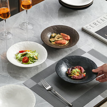 8 Inch Elegant Porcelain Dinner Plates, Round Appetizer Plates, Perfect for Salad, Dessert, Pasta, Snacks,Fruit,Breakfast, Party, Dishwasher & Microwave Safe, Salad Plates Set of 4(Black) - color: Black