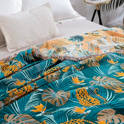 100% Cotton Muslin Throw Blanket 60''x80'', Soft Breathable Lightweight, All-Season Reversible Bohemian Tropical Safari Leopard Animal Print Bedspread Coverlet, Fringed Teal Jungle Bed Throw - color: Orange Leopards, size: 60"x80"