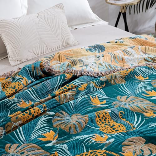 100% Cotton Muslin Throw Blanket 80''x90'', Soft Breathable Lightweight, All-Season Reversible Bohemian Tropical Safari Leopard Animal Print Bedspread Coverlet, Fringed Teal Jungle Bed Throw - color: Orange Leopards, size: 80"x90"