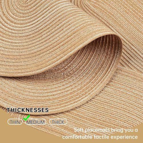 Beige Striped Oval Woven Placemats - Washable, Heat Resistant Cotton Blend Table Mats for Kitchen & Dining, Set of 6 - color: Light Khaki