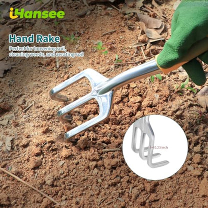 Green Garden Tools 4-Piece, Aluminum Alloy Gardening Hand Tool Set | Transplant Trowel, Hand Rake, Curved Pruner with Ergonomic Handle, Garden Gloves, Gardening Gift for Men Women Plant Lover - color: green-4pcs
