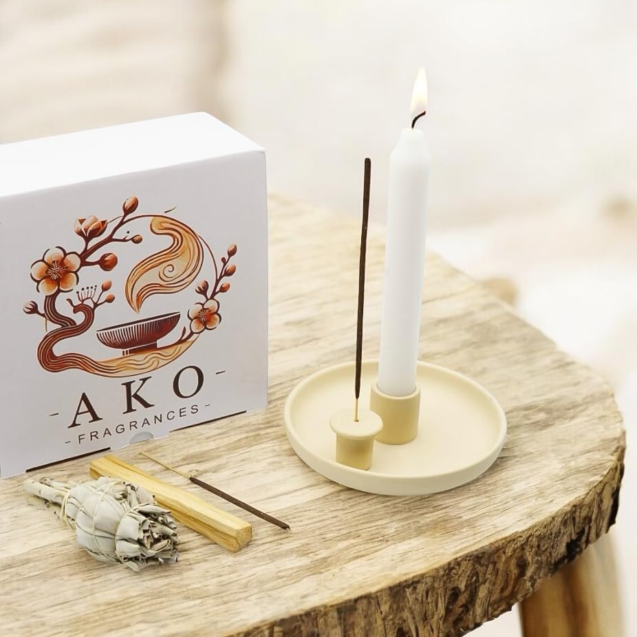 4 in 1 Incense Burner Holder - Multi-Purpose Ceramic Incense Stick Holder, Palo Santo Holder for Clean Burning, Sage Meditation Burner Set, Candle Holder for Aromatherapy (Matte Beige) - color: Matte Beige