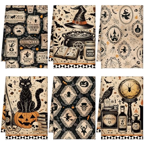 Ganeen 6 Pcs Halloween Kitchen Towels Set Black Cat Pumpkin Halloween Hand Towels, Spooky Dish Towel Gifts for Home Bathroom Kitchen - color: Vintage Cat