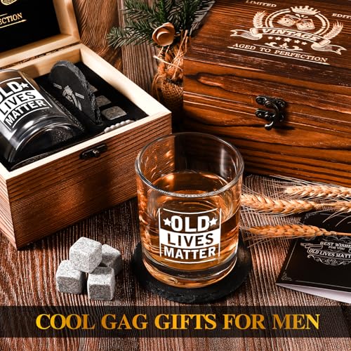 Old Lives Matter Whiskey Glasses, Funny Retirement Gifts for Old Man | 12oz Old Fashioned Whisky Gifts for Men Christmas, Grandpa, Dad, Gag Gift with Whiskey Stones, Coaster, Wooden Box - style: Old Lives Matter Whiskey Glass
