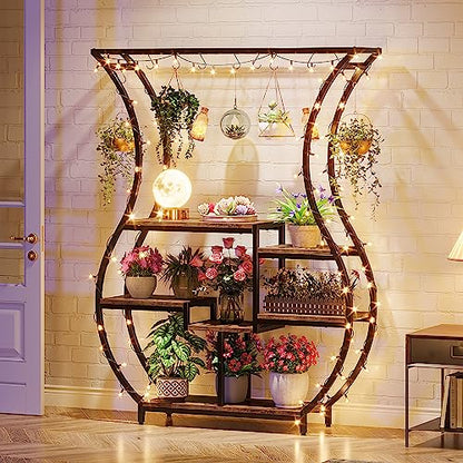 Tribesigns 6-Tier Plant Stand, 70.9 Inch Tall Plant Shelf with 10 Hanging Hooks, Vase Shape Ladder Plant Stand, Multi-Purpose Plant Display Rack for Indoor, Balcony, Living Room, Brown and Black