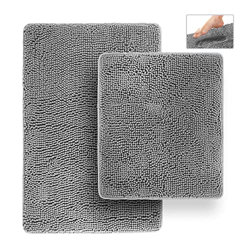 Bathroom Rugs, Extra-Thick Memory Foam Bath Mat, Ultra-Soft Chenille Microfiber, Highly Absorbent, Machine Washable, Shaggy Bath Mats for Bathroom, Non-Slip (21x32 + 20x22, 2pcs) Grey - color: Space Grey, size: 21 x 32 + 20 x 22 - No Cutout