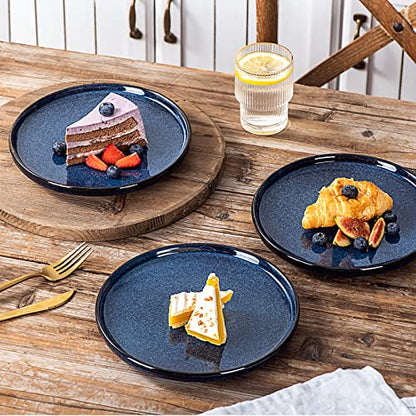 vicrays Ceramic Salad Plates Set - Porcelain 8 Inch Flat Dessert Appetizer Plate for Lunch Home Party Restaurant - Scratch Resistant Microwave Oven and Dishwasher Safe - Set of 6 (Blue) - color: Blue