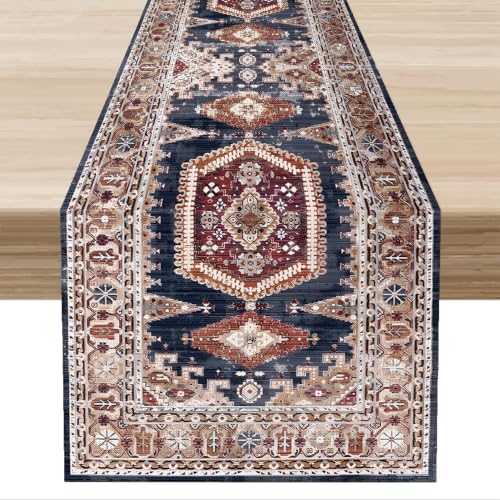Bohemia Table Runner, Retro Traditional Textured Red Grey Blue Geometric Vintage Pattern Farmhouse Boho Table Runner for Kitchen Dinning Table Decor Home Party Holiday, 13x36 Inch - color: Bohemia-5, size: 13"W x 36"L