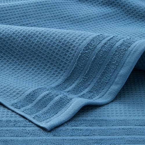 TOWN & COUNTRY BASICS 6-Piece Assorted Waffle Woven Terry Stripe Set, 2-Bath Towels, 2-Hand Towels, 2-Washcloths, 100% Cotton, Quick Dry, Blue - color: Blue