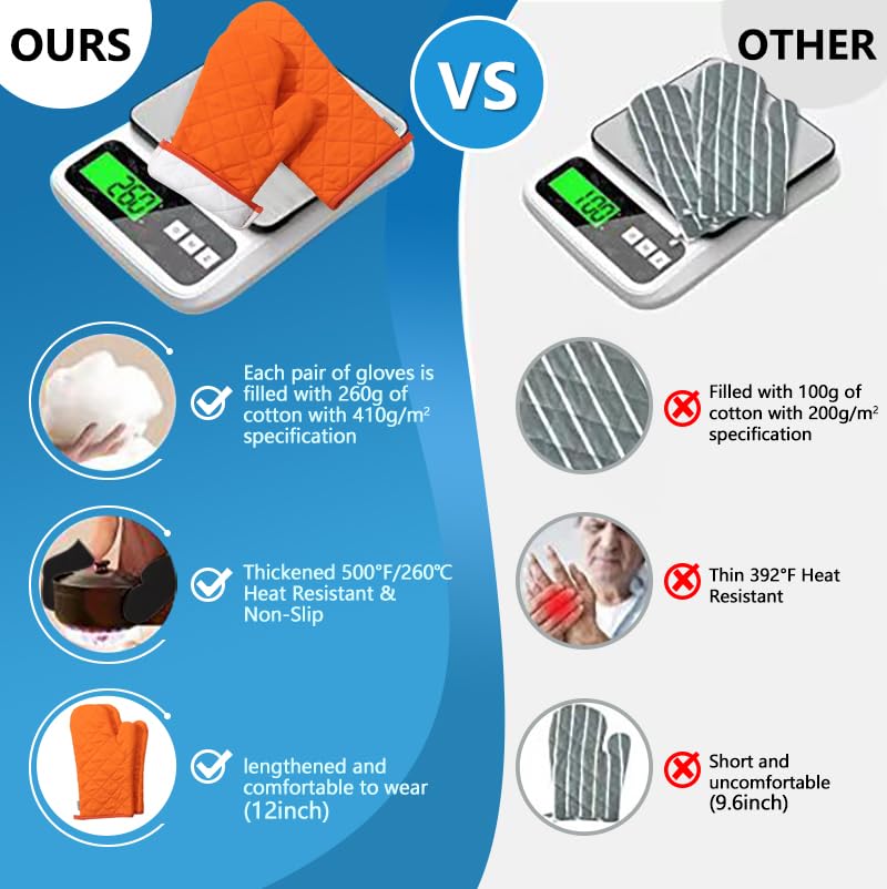 Oven Mitts and Pot Holders 4 pcs Set,High Heat Resistant 500 Degree Extra Thicken Long Kitchen Cotton Oven Glove for Cooking (12 Inch,Orange)… - color: Cotton-orange