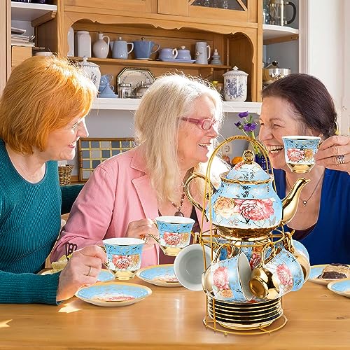 Zhehao 20 Pcs Porcelain Tea Set with Metal Holder and Spoon Adult Ceramic Tea Set European Flower Painting Teapot Cup Saucer Spoon for Women Mom Gift, Large Version (Simplicity Style) - color: Simplicity Style