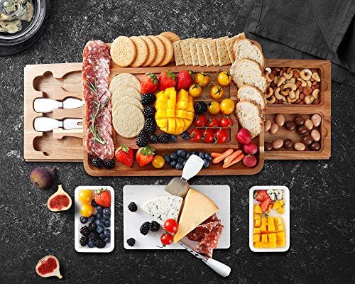 hecef Cheese Board Set Acacia Wood - Large Charcuterie Board with Stainless Steel Knife Set, Thick Wooden Server - Fancy House Warming, Birthday Choice for Gourmets, Feast, Cheese Serving - style: with Drawer-White