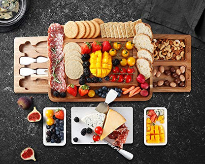 hecef Cheese Board Set Acacia Wood - Large Charcuterie Board with Stainless Steel Knife Set, Thick Wooden Server - Fancy House Warming, Birthday Choice for Gourmets, Feast, Cheese Serving - style: with Drawer-White