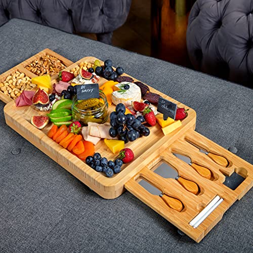 Bamboo Cheese Board and Knife Set with 2 Slide-Out Cutlery Drawers | Charcuterie Boards Set - Birthday Gifts for Women, Wedding Gifts for Couples , Bridal Shower Gifts - style: Large Cheese Board Set