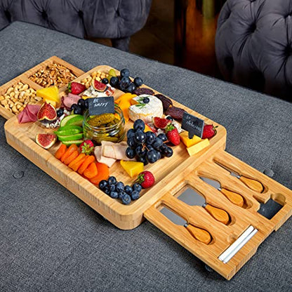 Bamboo Cheese Board and Knife Set with 2 Slide-Out Cutlery Drawers | Charcuterie Boards Set - Birthday Gifts for Women, Wedding Gifts for Couples , Bridal Shower Gifts - style: Large Cheese Board Set