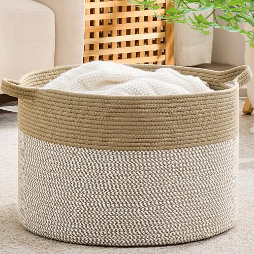 KAKAMAY Large Blanket Basket with Handles, Storage Basket for Living Room | Extra Large Capacity | Natural Cotton Rope | Blanket Storage | Woven Storage Basket | Stuffed Animal Storage | Laundry Basket - color: Brown Mix