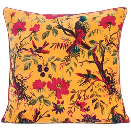 Velvet Floral Flower Bird Throw Pillow Sofa Cushion Cover Case Couch Colorful Boho Chic Bohemian Accent Indian Handmade (Yellow, 16" x 16") - color: Yellow, size: 16" x 16" (Pack of 1)