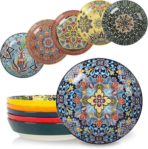 KitchenTour Pasta Bowls Set of 6-30 oz Large Wide & Shallow Serving Bowl, Colorful Ceramic Salad Bowls for Everyday Dining - 8.2 Inch, Microwave and Dishwasher Safe, Bohemian Style - color: Bohemian, size: 30 oz