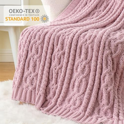 Battilo Pink Throw Blanket for Couch, Cable Knit Blanket, Soft Chenille Throw Blanket, Cozy Warm Blankets for Girls Daughter Women Gifts for Mom, 51"x67", Blush - color: Blush