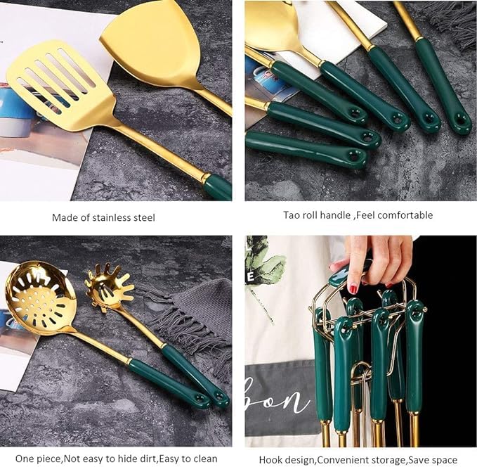 7pcs Kitchen Cooking Stainless Steel Utensils Set With Holder,Nonstick Ceramic Handle Cooking Tools Gadgets Spatula Set With Storage Organizer Stand Cookware Kitchenware Set Gift (Green Silver)