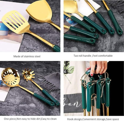 7pcs Kitchen Cooking Stainless Steel Utensils Set With Holder,Nonstick Ceramic Handle Cooking Tools Gadgets Spatula Set With Storage Organizer Stand Cookware Kitchenware Set Gift (Green Silver)