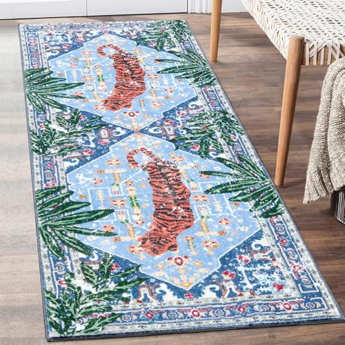 Oriental Tropical Kitchen Runner Rug 2x5 Washable, Thin Stain Resistant Blue Boho Bathroom Runner Rug for Hallway Entryway Bedroom Laundry, Vintage Abstract Hippie Botanical Long Carpet - color: Blue, size: 2' x 5'