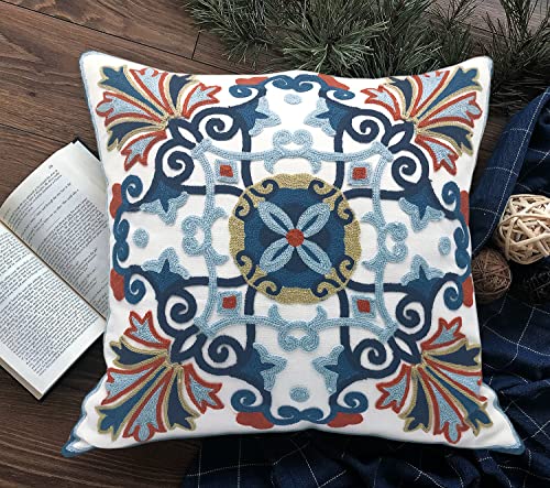 Alysheer Embroidered Decorative Throw Pillow Cover 18 x 18 inch, Boho Vintage Farmhouse Cottage Floral Embroidery Knit Pattern, 100% Cotton Cushion Case for Sofa Couch Living Room (Navy Blue) - color: Floral- Navy Orange, size: 18" x 18" (Pack of 1)