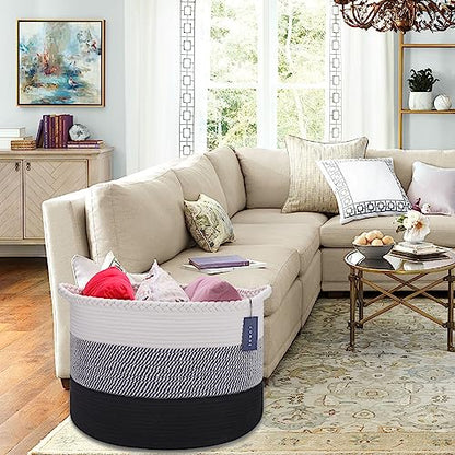 COMSE XXXLarge Woven Blanket & Laundry Basket, 87L, White &Gray &Black | 21.7"x 13.8", Cotton Rope, Nursery Hamper for Storage of Toys, Clothes & Towels, Ideal for Living Rooms, Bedrooms & Bathrooms - color: White & Gray & Black