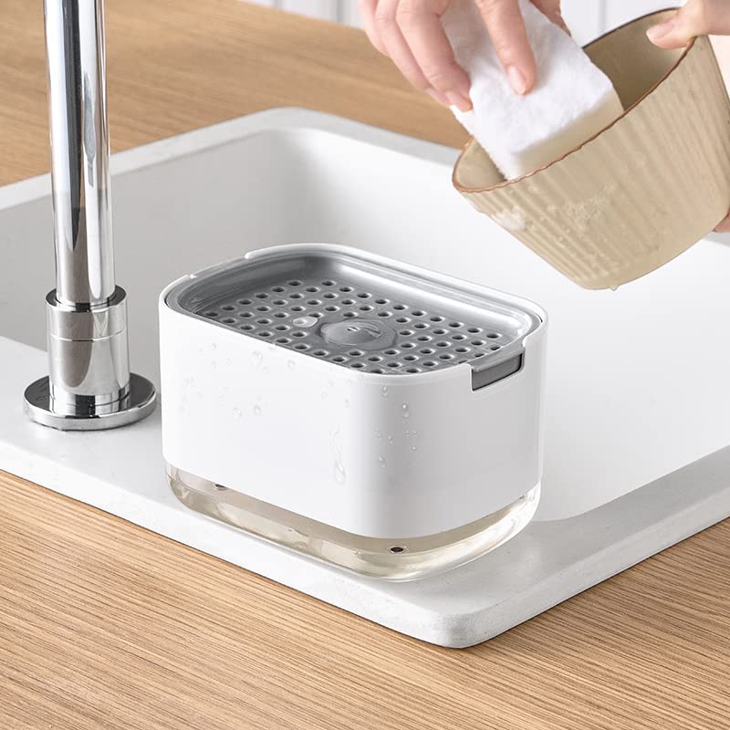 Kitchen Dish Soap Dispenser with Sponge Holder, 2-in-1 Countertop Soap Pump Dispenser, Soap Dispenser for Kitchen Sink with 2-Packs Wire Dishwashing Rag,White - color: White (2-in-1)