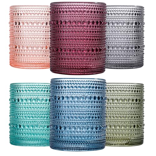 JOVGANK Colored Vintage Hobnail Drinking Glasses Set of 6, Embossed Water Tumbler 12oz, Kitchen & Bar Beaded Glass Cups, Beverage Glass Cups for Water, Beer, Juice, Housewarming Gift - color: Mixed Color, size: 12 oz