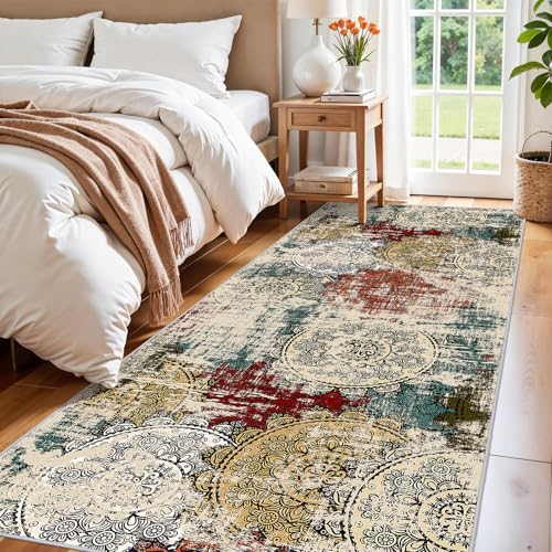 Hallway Runner Rug 3x8 Washable：Abstract Non-Slip Mandala Home Essentials | Red Green Floor Rugs Entryway Bedroom Kitchen Low-Pile Stain Resistant Carpet Protects Floors Reduces Noise Easy Clean - color: Red/Green/Multi, size: 3' x 8' (Rectangular)