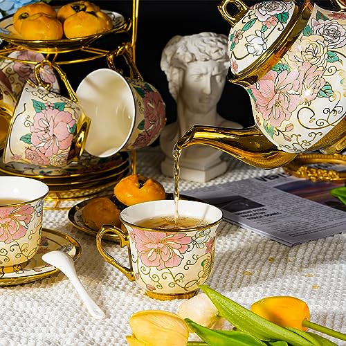 20 Pieces European Ceramic Tea Set for Adults With Metal Holder and Flower Painting (Large Cream Version) - color: Cream