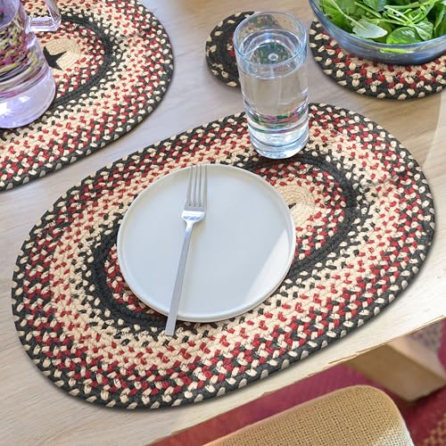 Homespice Gloucester Jute Braided Placemats, Oval 13x19 Set of 6 | Black and Red Protects Tabletop in Style, Rich Colors, Reversible, Durable and Easy to Clean - color: Primitive Star Gloucester