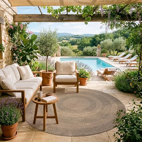 LUMI 5' Round Natural Jute Area Rug, Braided Farmhouse Rug | Non Slip No Shedding Neutral Carpet, Indoor Outdoor Rug for Living Room, Dining Room & Patio - color: Caramel Haze, size: 5'x5'