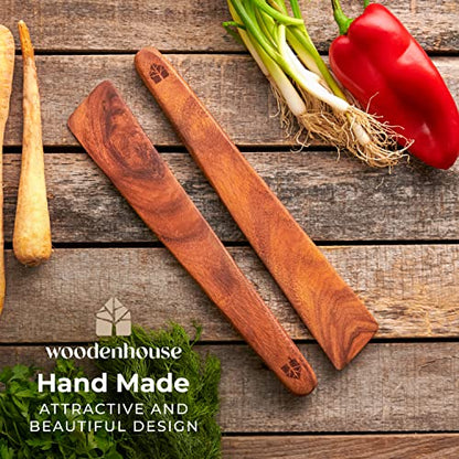 Wooden Spatula for Cooking, 12" Set of 2 - Turner & Scraper for Cast Iron | Flipper for Non Stick & Frying Pan, Egg & Pancake – BPA Free & Heat Resistant Teak Utensils