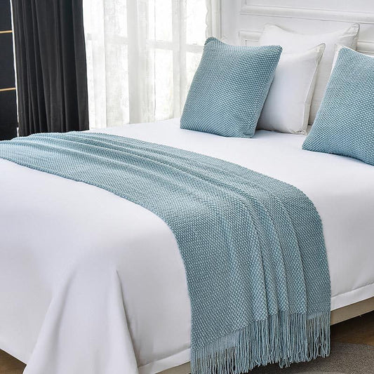Cotton Knit Bed Runners King Size,Decorative Boho Bed Scarf with Tassel,Soft Solid Color Woven Beds Throw Blanket for Bedroom Home Hotel (Light Blue 45x45cm/only Pillowcase) - color: Light Blue, size: 45x45cm/only pillowcase